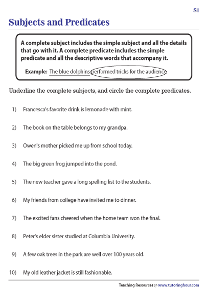 Complete Subjects and Complete Predicates Worksheets