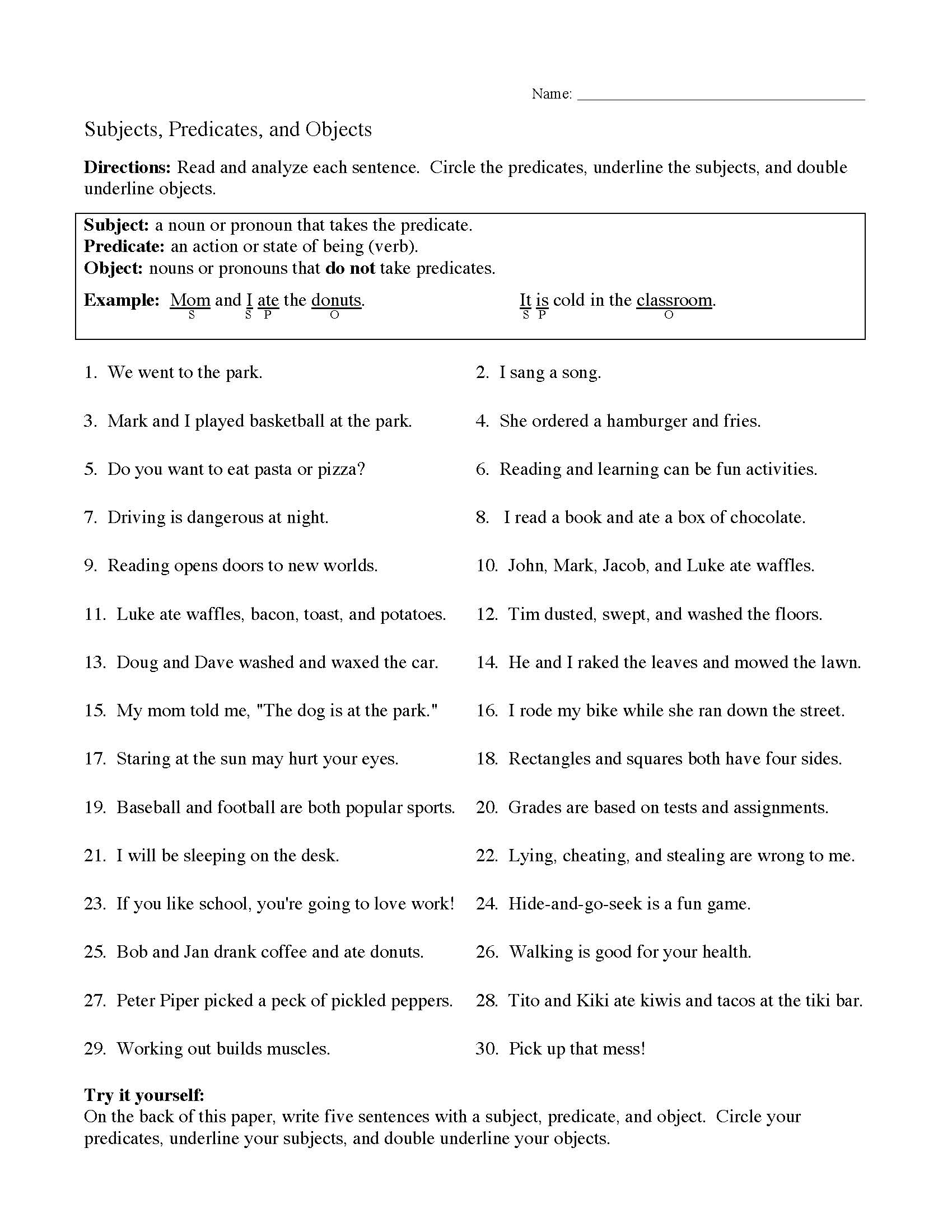 Subjects, Predicates, and Objects Worksheet | Sentence Structure ...