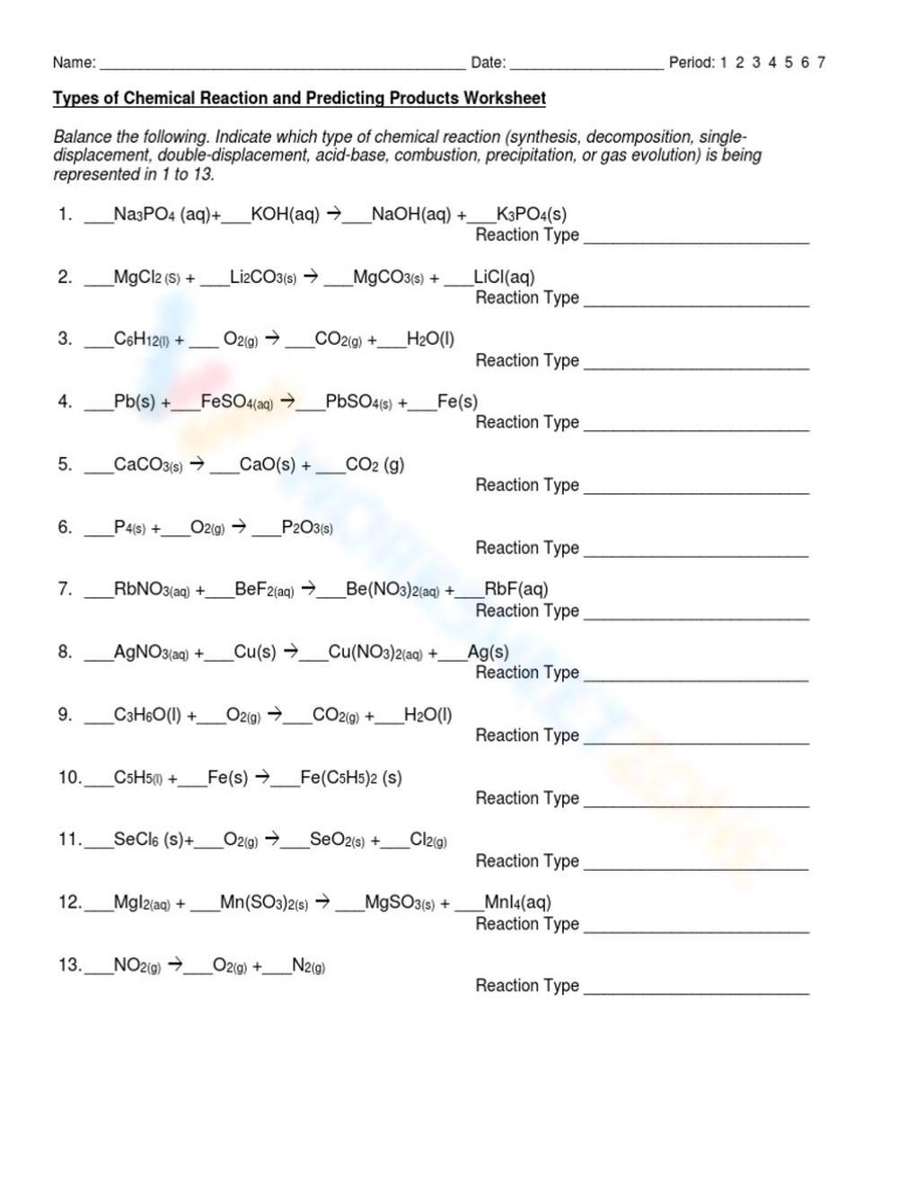 predicting products of chemical reactions worksheet answers