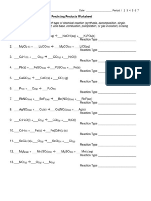 predicting products of chemical reactions worksheet answers