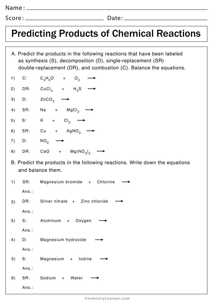 predicting the products of chemical reactions worksheet