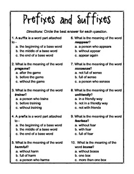 Prefix and Suffix Multiple Choice Worksheet {Free Download} worksheets library