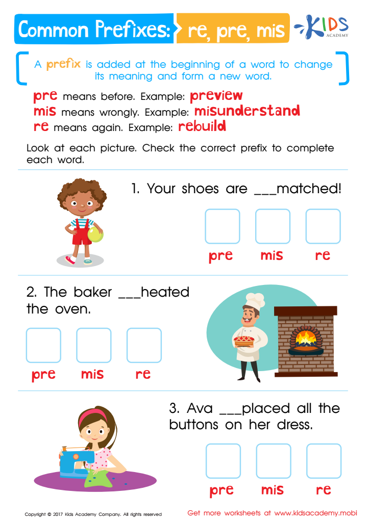 RE, PRE, MIS Common Prefixes Worksheet Worksheet, Free Printable PDF