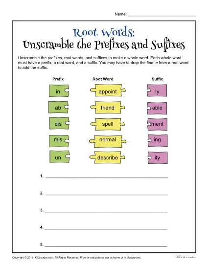 Root Words | Unscramble the Prefixes and Suffixes