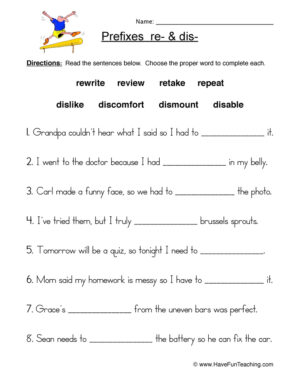 Re- and Dis- Prefixes Worksheet  