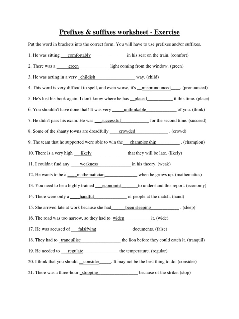 PrefixesandSuffixes (Exercise) Answers | PDF | Cognition