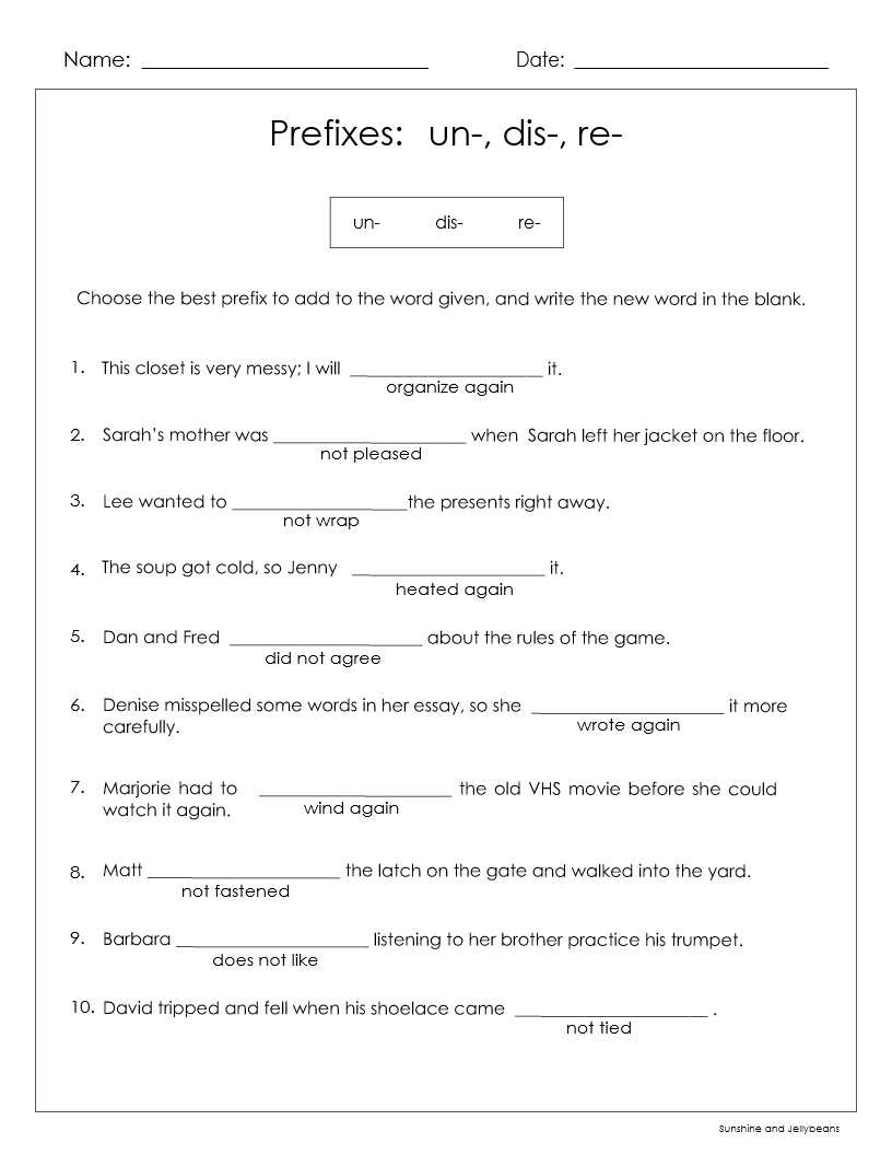 Prefixes: un- dis- re- / 3 worksheets - Grades 2-3 - practice ...