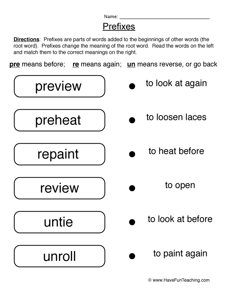 Matching Prefixes Worksheet  