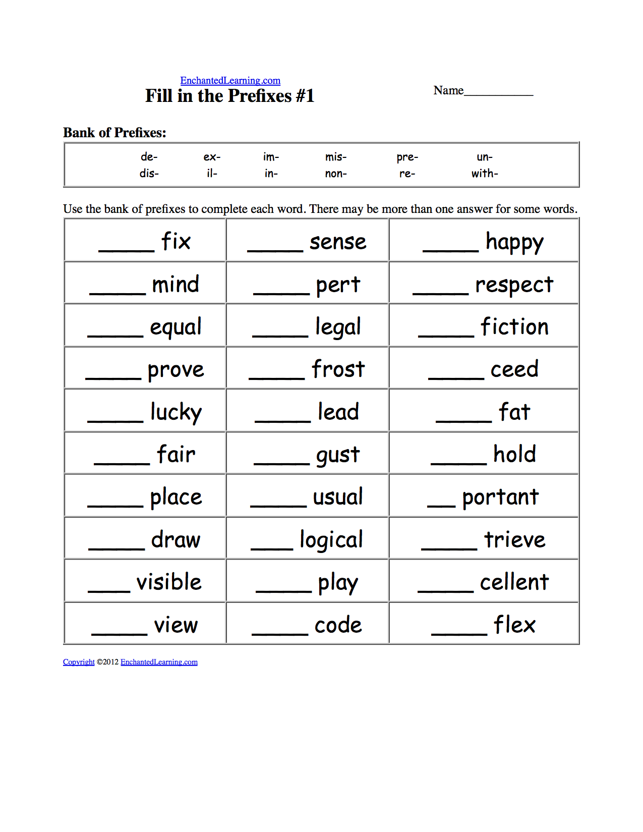 Prefixes and Suffixes: EnchantedLearning.com