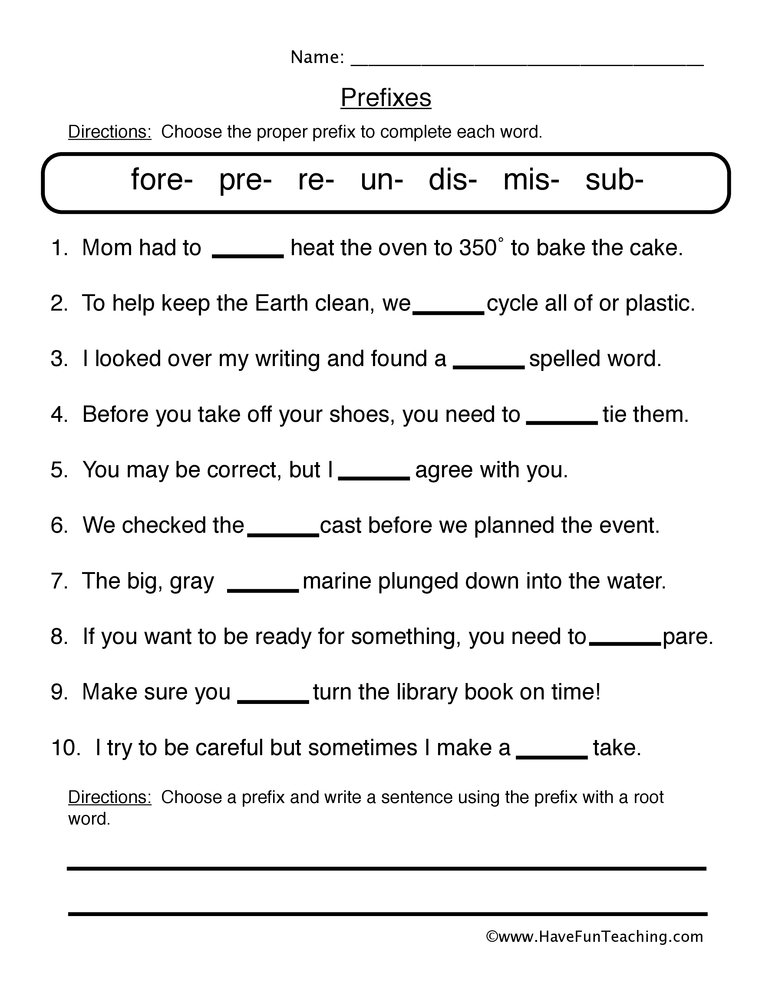 Prefix Fill in the Blank Worksheet