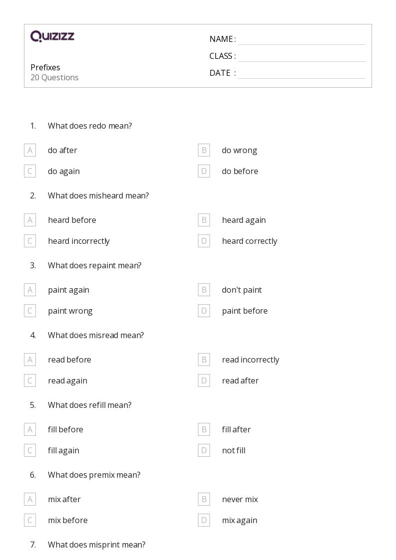 50+ Prefixes worksheets for 3rd Grade on Quizizz | Free &  Printable