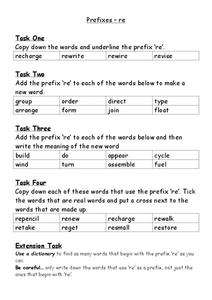 Prefixes: Re Worksheet for 2nd - 3rd Grade | Lesson Planet
