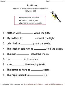prefixes re and un worksheet