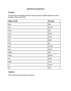 Prefixes and Suffixes Worksheet for 4th - 8th Grade | Lesson Planet