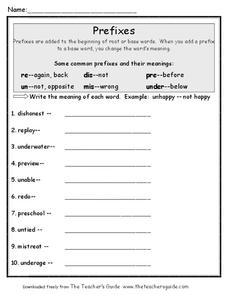 prefixes un re worksheet