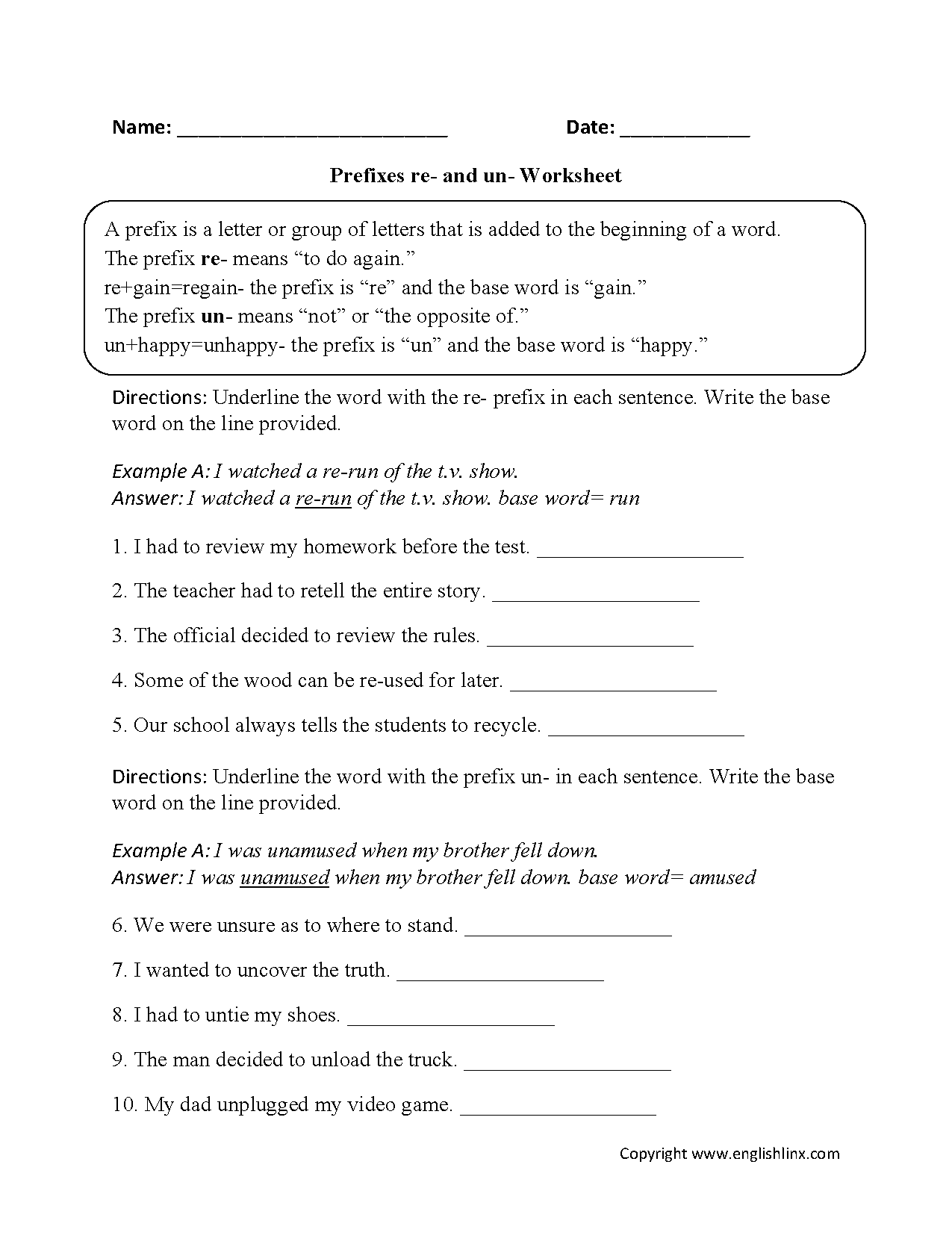 prefixes un re worksheet
