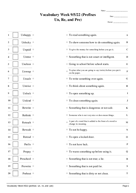 Vocabulary Week 9/5/22 (Prefixes Un, Re, and Pre) - Matching Pairs ...