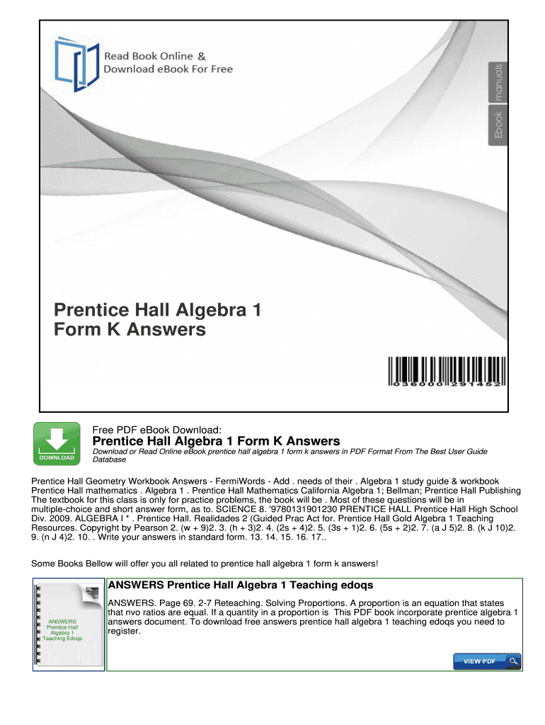 Prentice Hall Mathematics Algebra 1 Answer Key Pdf - Fill Online ...