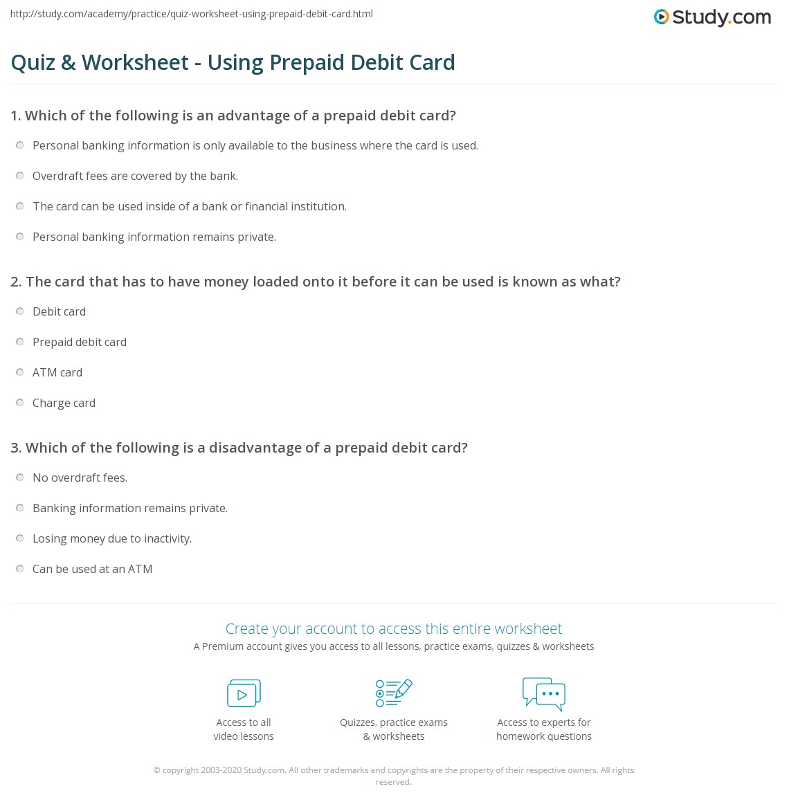 Quiz &  Worksheet - Using Prepaid Debit Card | Study.com