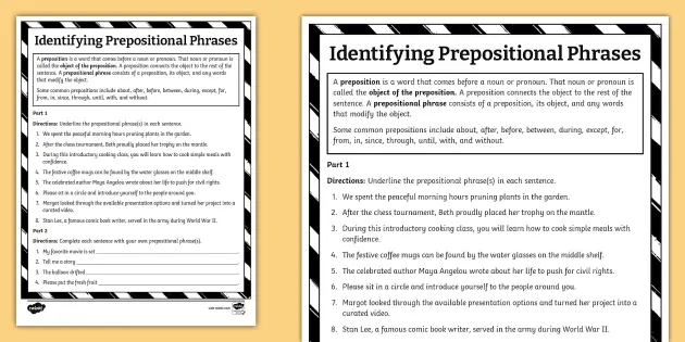 Identifying Prepositions Activity for 6th-8th Grade 