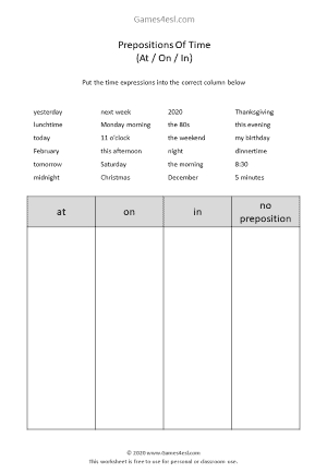 preposition of time worksheet