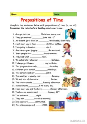 preposition of time worksheet