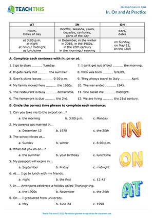Second Grade Time Prepositions Activity (teacher made)