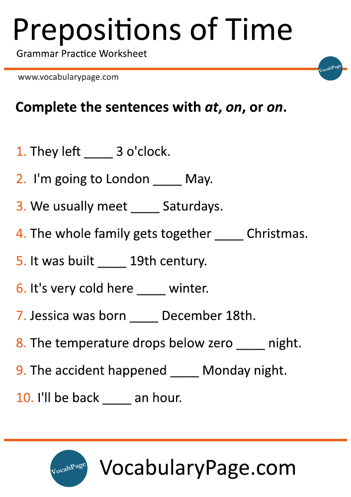 preposition of time worksheet