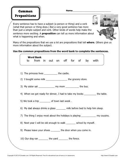 Preposition Worksheet - Common Prepositions