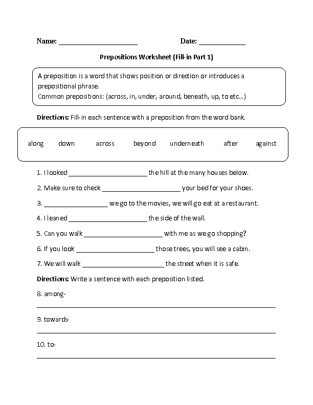 worksheets library | Prepositions Worksheets