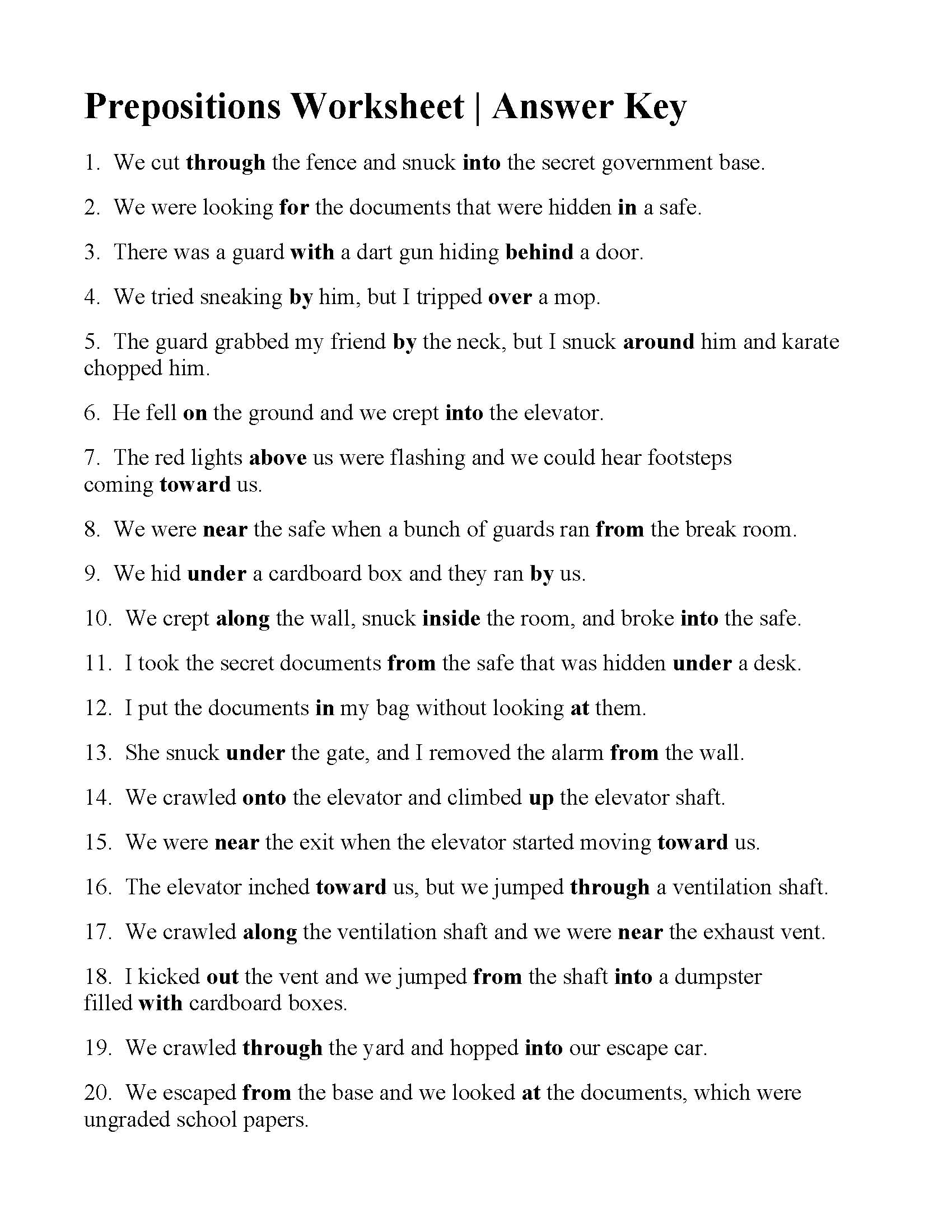 Prepositions Worksheet | Answers
