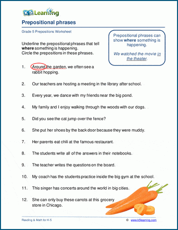 Prepositional phrases worksheets for grade 5 | Worsheets library