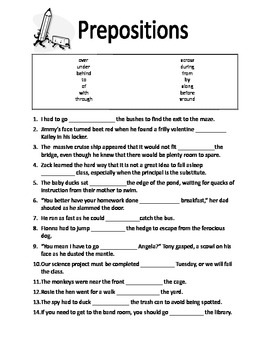 preposition worksheet 6th grade