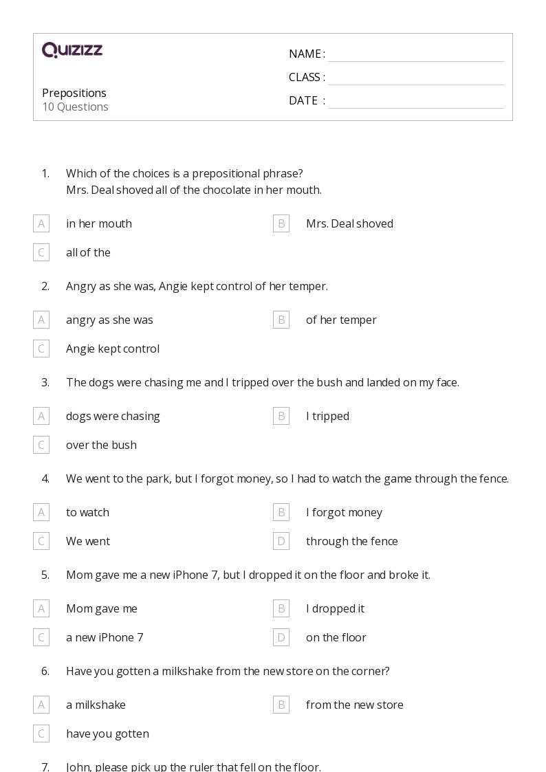 50+ Prepositions worksheets for 6th Grade on Quizizz | Free ...