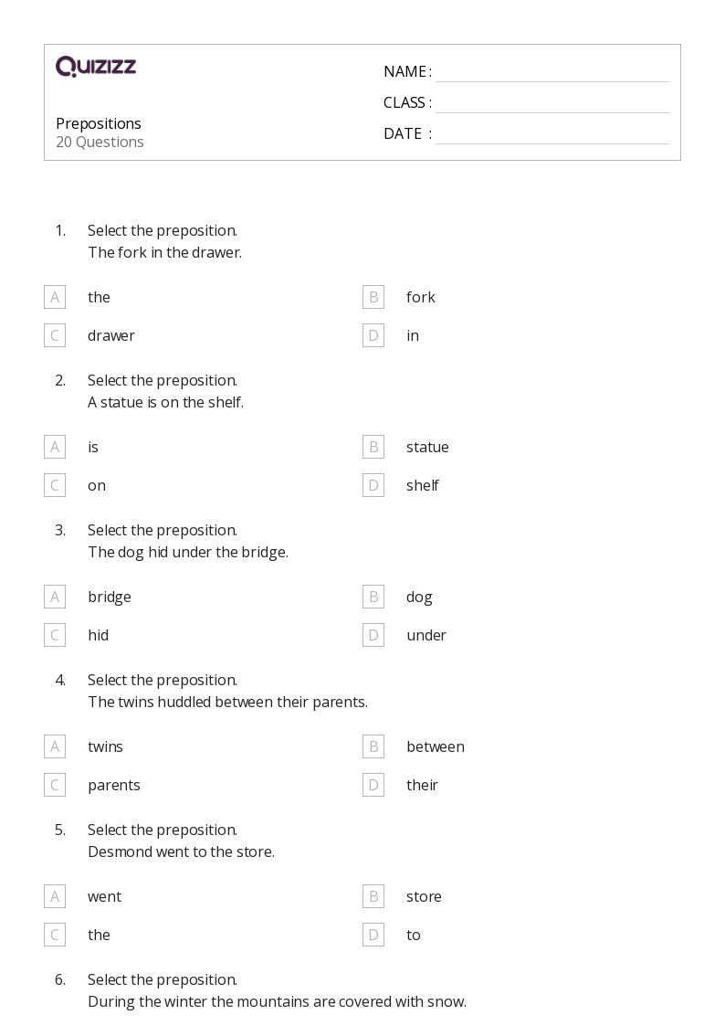 preposition worksheet for 6th grade