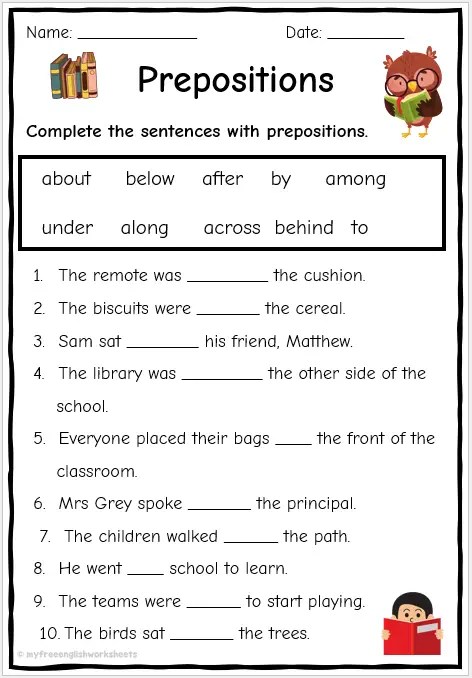 Prepositions in Sentences Worksheets | Free English Worksheets