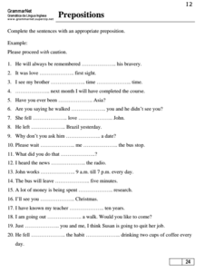 Prepositions Worksheet for 4th - 12th Grade | Lesson Planet