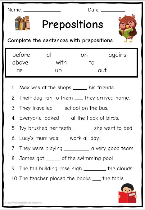 preposition worksheet high school