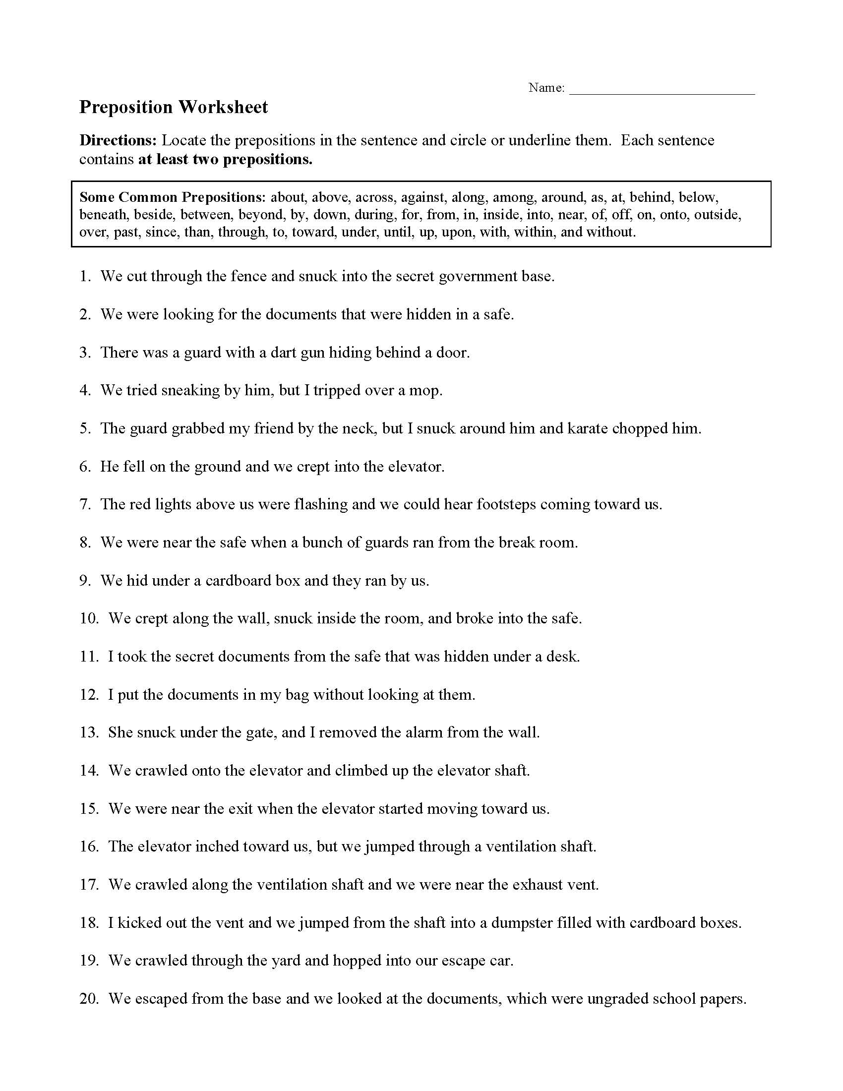 Preposition Worksheets and Activities | Parts of Speech