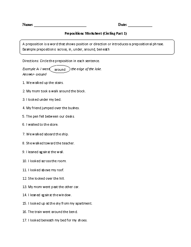 worksheets library | Prepositions Worksheets