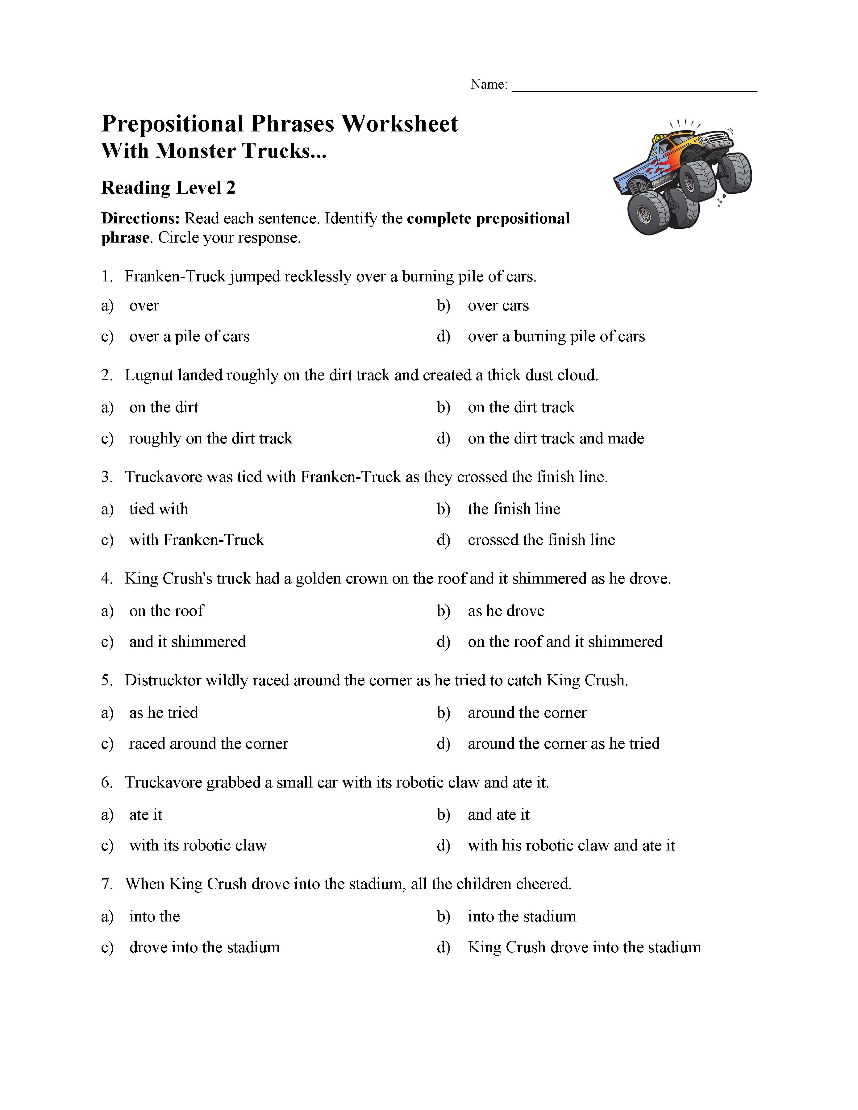 Prepositional Phrases Worksheet | With Monster Trucks | Parts of ...