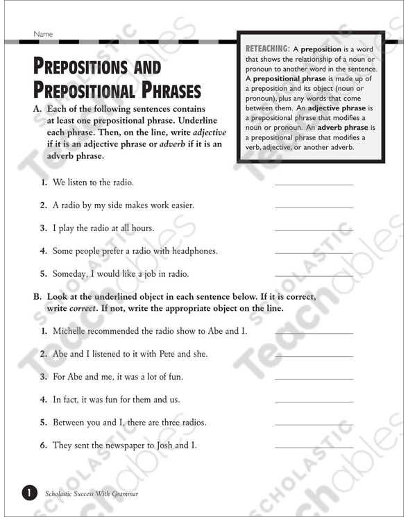 Prepositions and Prepositional Phrases (Grades 5-6) | Printable ...