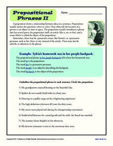 Prepositional Phrases II Worksheet for 3rd - 6th Grade | Lesson Planet
