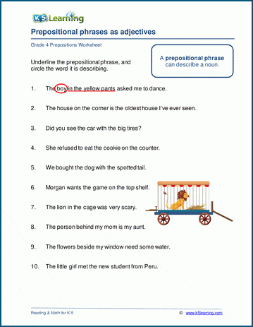 prepositional phrase worksheet 8th grade