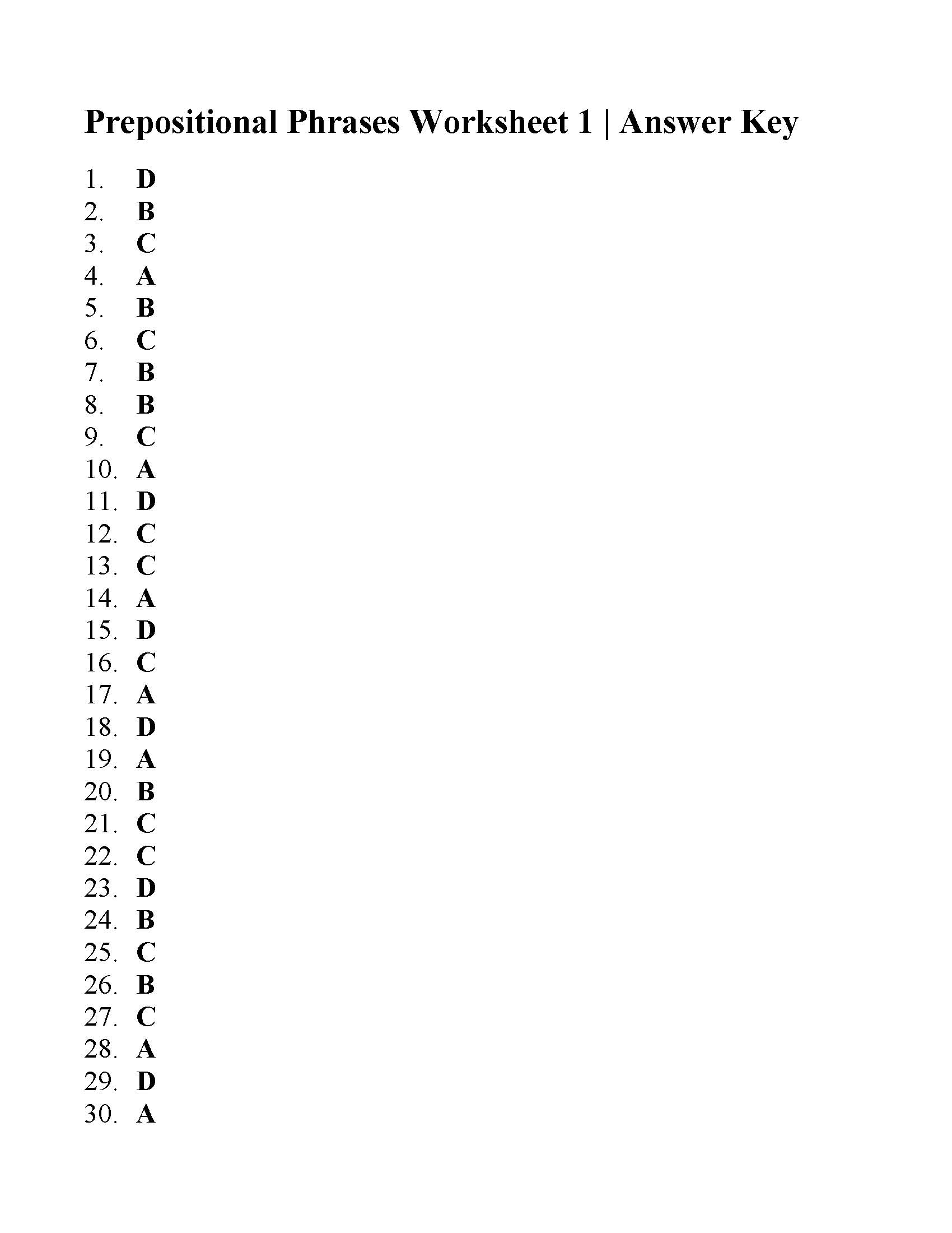 Prepositional Phrases Worksheet 1 | Answers