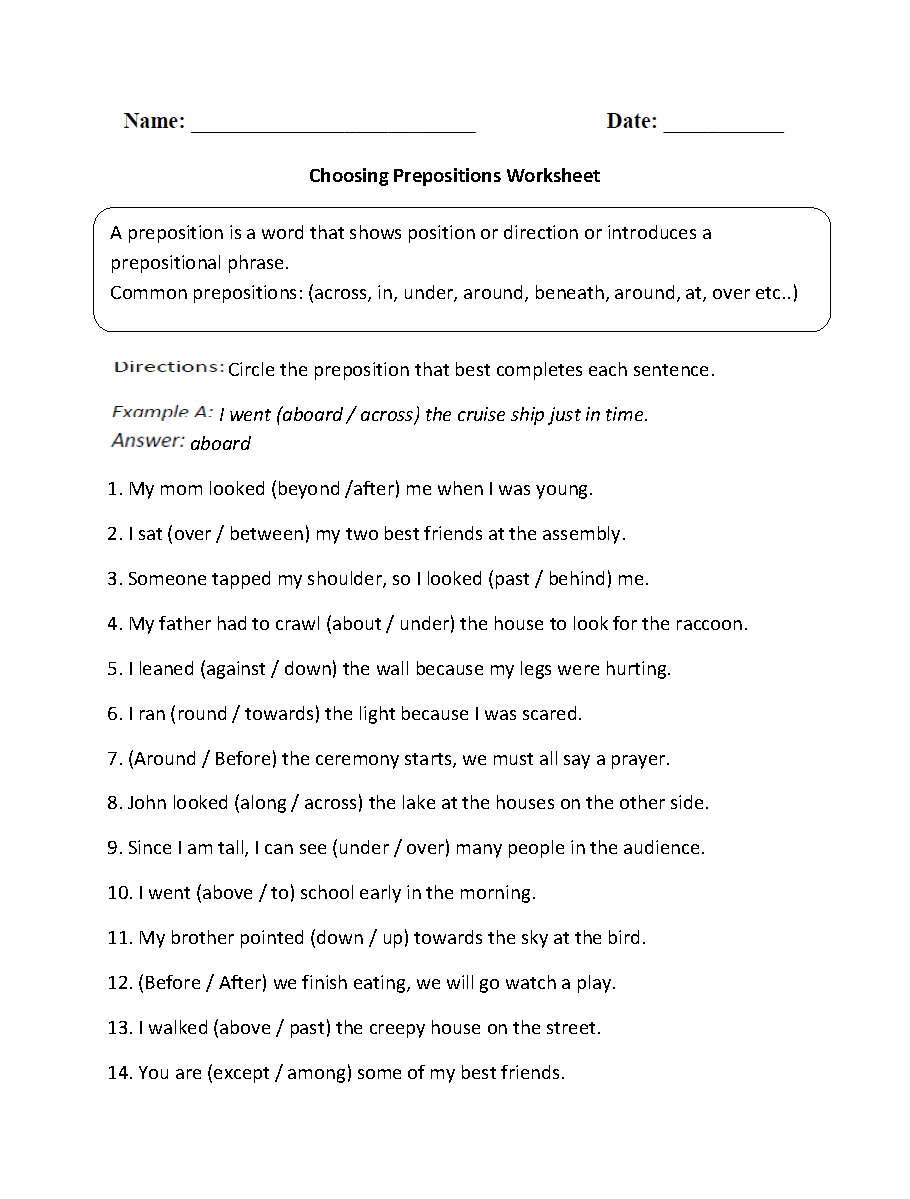 prepositional phrase worksheet pdf