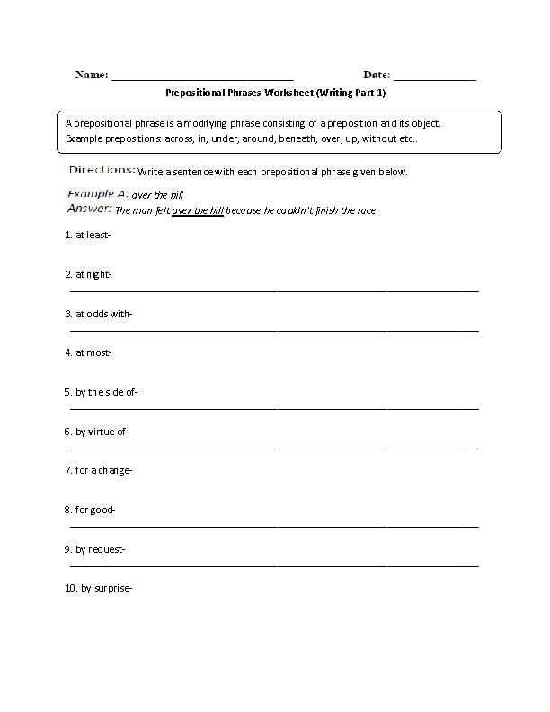 prepositional phrase worksheet with answers