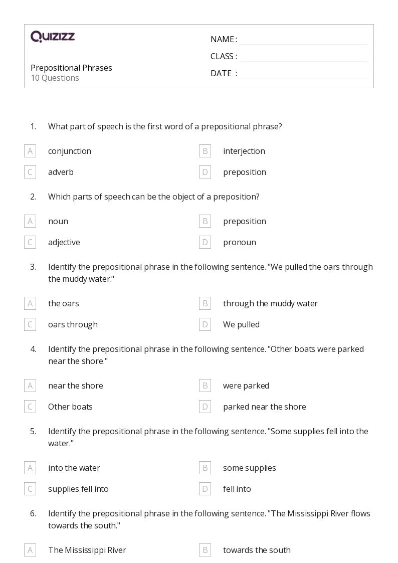 50+ Prepositional Phrases worksheets for 6th Grade on Quizizz ...