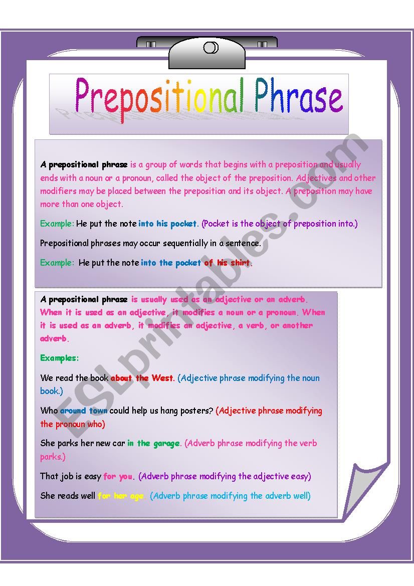 prepositional phrases used as adjectives and adverbs worksheet answers