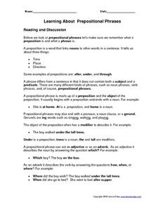 prepositional phrases worksheet 6th grade